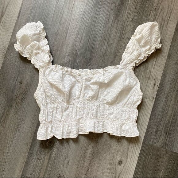 H&M Puff Sleeve Top White Large Ruffle Smocked Elastic Stretch - Picture 4 of 12